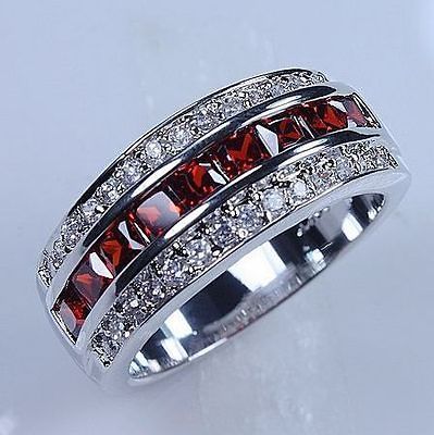 /11 Classic Mens Red Garnet 10KT White Gold Filled Gem Ring Band Gift