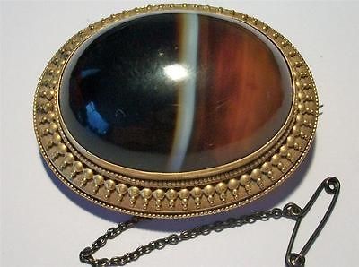 ANTIQUE GILT METAL HUGE BANDED AGATE MOURNING LOCKET BACK BROOCH