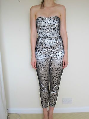 New Heart Print Silver Metallic Net Mesh Jumpsuit Playsuit Size UK