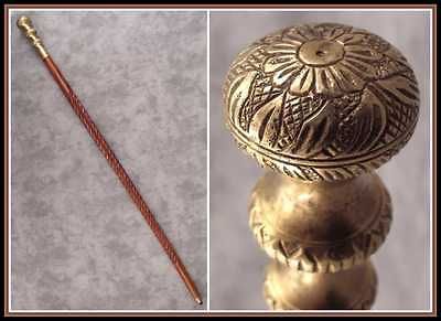 WALKING STICK CANE Ornate Brass Antiqued Handle SPIRAL CARVED WOOD