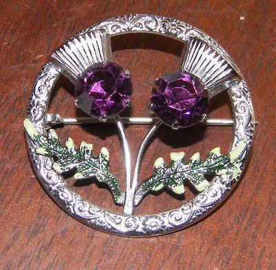 Vintage Embossed Silvertone Double Thistle Enamel Brooch Amethyst