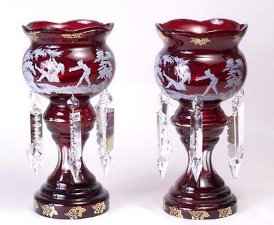 GORGEOUS PAIR OF VICTORIAN REPRODUCTION OVERLAY RUBY GLASS MANTLE