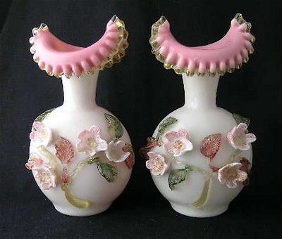 English art glass pink cased vases w/appd. flowers,pair