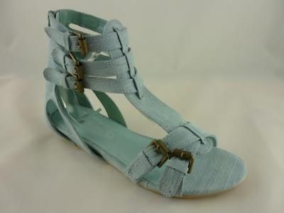 NEW LADIES BLUE DENIM GLADIATOR FLAT SANDALS SIZES 3 8