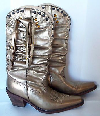 STEVE MADDEN Shyann Gold Leather Slouch Cowboy Western Rhinestone