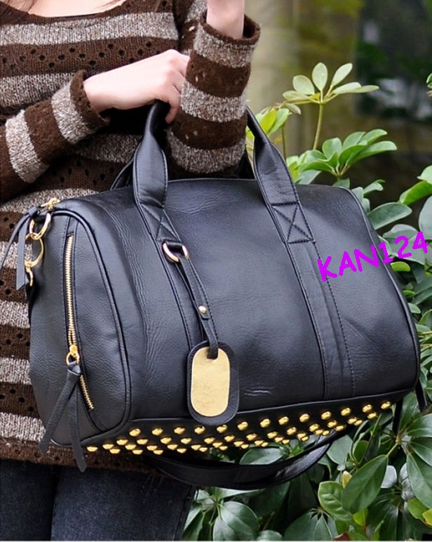 2C PU Leather Gold Rivet Black Tote Shoulder Messenger Bag Handbag