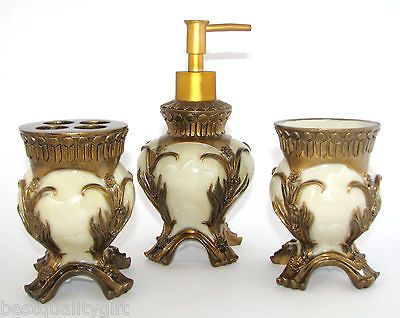 PC SET FAUX MARBLE+GOLD FLOWERS SOAP DISPENSER+TOOT HBRUSH HOLDER