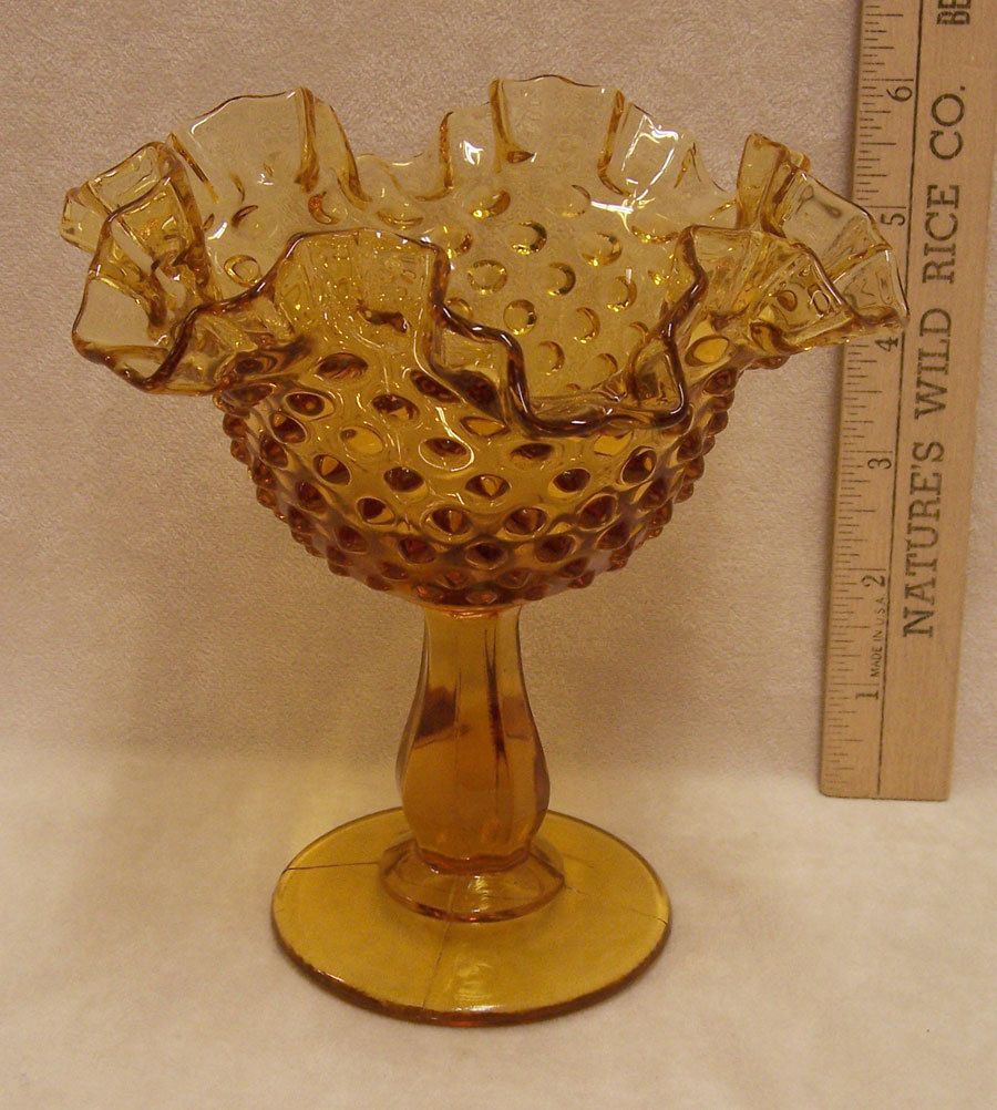 Vintage Signed Fenton Hobnail Amber Glass Pedestal Dish Bowl Ruffled