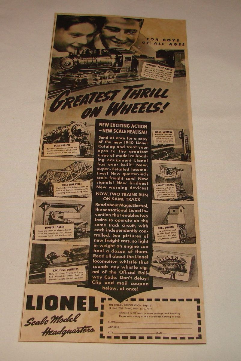 1940 Lionel Trains Ad Greatest Thrills on Wheels