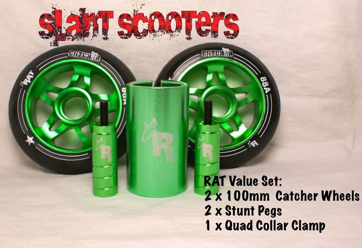 RAT SCOOTERS SET 2 x Green Catcher Wheels Stunt Pegs Quad Clamp RRP 59