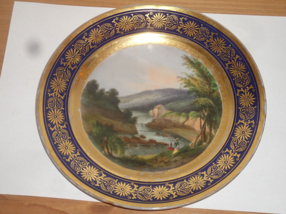 RARE ANTIQUE NYON FISH MARK SWISS GILDED PORCELAIN PLATE RUSSIAN PARIS