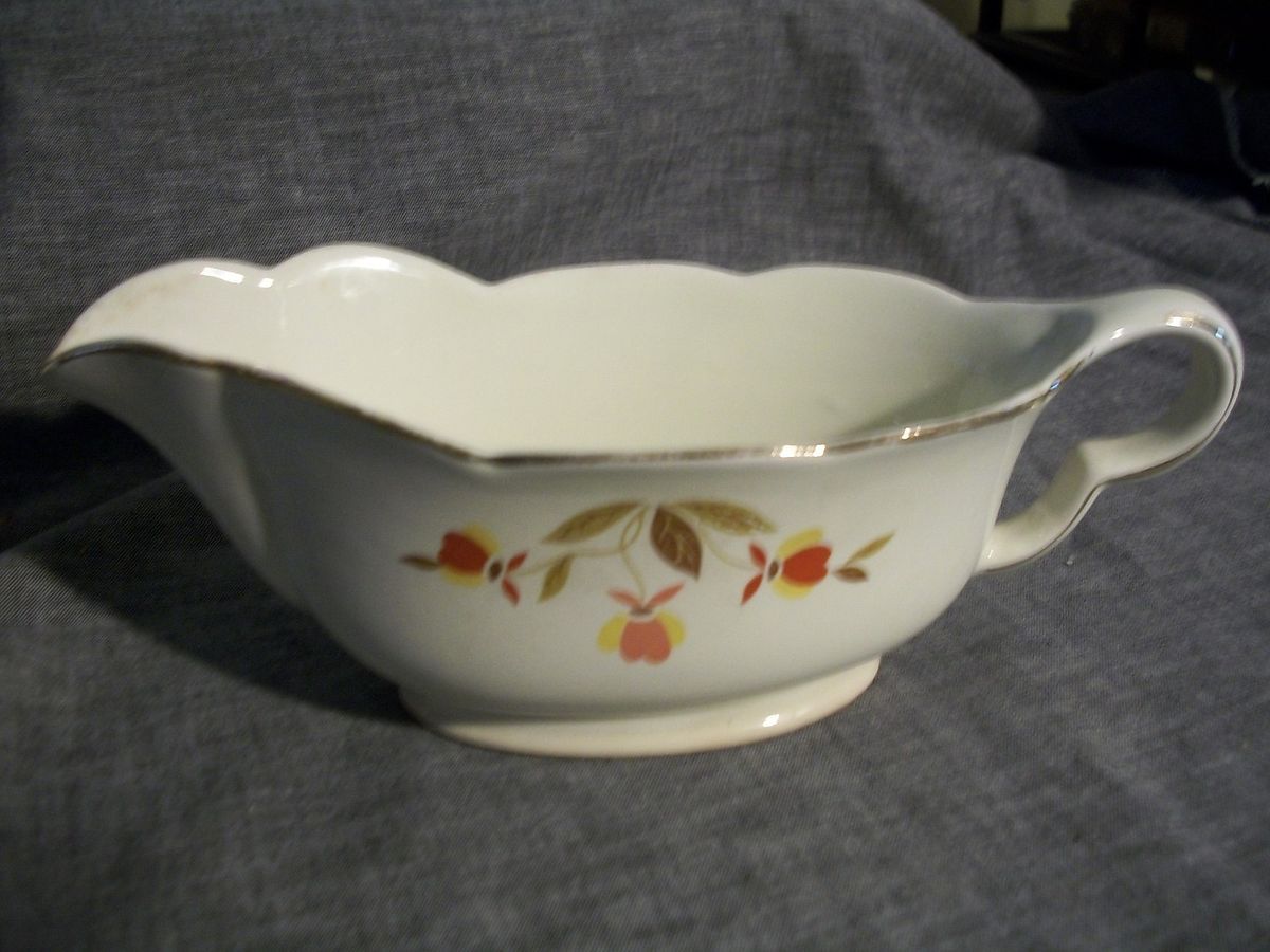 Tea Gravy Sauce Boat Autumn Leaves Gold Rim Hall Dinnerware